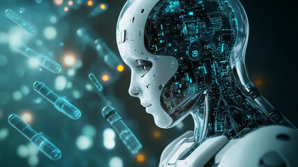 Poster - Advanced robotic figure showcases intricate internal circuitry in a high-tech environment