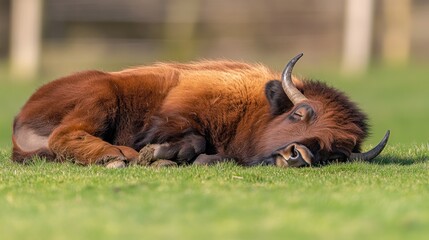 Poster - A brown European bison lies resting on a green grassy field, sunlight illuminating its fur.