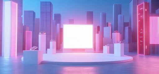 Poster - Neon city display, glowing stage, blank screen, futuristic architecture, pink and blue lights.
