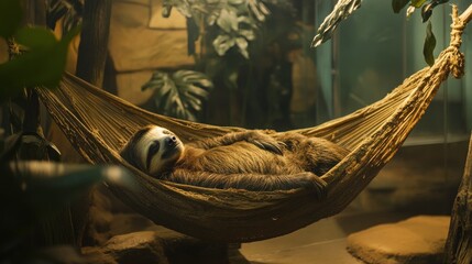Poster - Sloth relaxing in a hammock surrounded by lush tropical foliage.