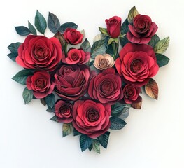 Wall Mural - Heart-shaped arrangement made of red roses on a white background, with no shadows