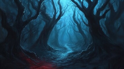 Poster - Dark, eerie forest path with blue light and red pool.