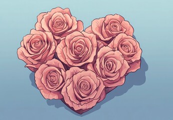 Wall Mural - Pink roses arranged in the shape of a heart, isolated on a blue background, with no shadows