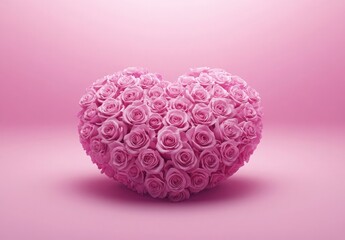 Wall Mural - Pink roses arranged in the shape of a heart, isolated on a pink background, with no shadows, and without any text or letters