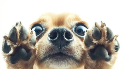 Aufkleber - Close-up of a small dog's paws and face pressed against a glass surface, looking up with wide eyes.