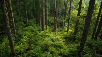 Poster - Lush green forest with tall trees and ferns covering the forest floor.