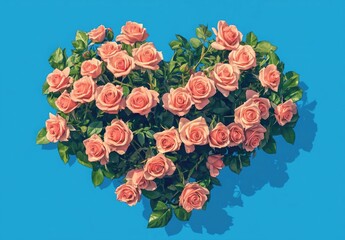 Wall Mural - Pink roses arranged in the shape of a heart, isolated on a blue background, with no shadows