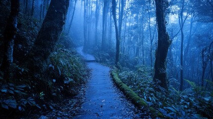 Fototapete - Misty forest path winding through lush vegetation.
