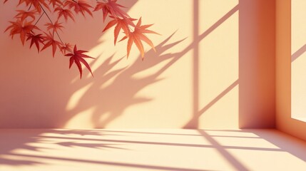 Leinwandbilder - Sunlight streams into a minimalist room, illuminating autumn leaves and casting shadows on the wall.