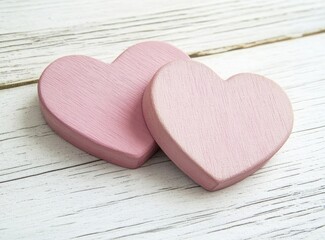 Wall Mural - Two pink wooden hearts on a white wood background, with copy space for a concept of Valentine's Day celebration, a love and romance theme