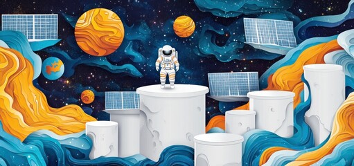 Poster - Astronaut standing on a platform in space, surrounded by planets and solar panels.