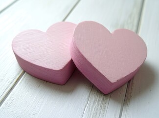 Wall Mural - Two pink wooden hearts on a white wood background, with copy space for a concept for Valentine's Day, love and romance, or a romantic family nature theme