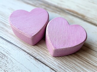 Wall Mural - Two pink wooden hearts on a white background, with copy space for a concept of Valentine's Day celebration. The theme is love and romance, with a love symbol