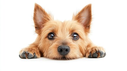 Poster - Cute small dog resting paws on white background.