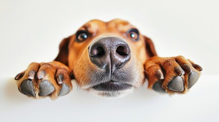 Aufkleber - Curious dog peering over white surface, paws resting on edge.
