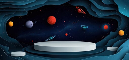 Aufkleber - Cosmic scene with planets and a white cylindrical platform.