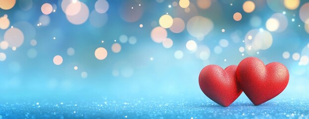 Wall Mural - Two red hearts on a blue background with bokeh lights for a Valentine's Day banner template, love concept