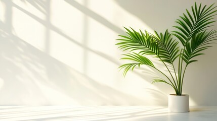 Aufkleber - Sunlight illuminates a potted palm plant against a white wall, casting shadows.
