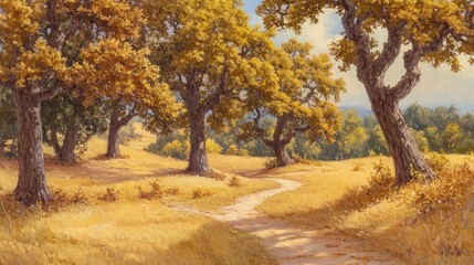 Aufkleber - A winding path through a sun-drenched landscape with golden grass and mature oak trees under a partly cloudy sky.