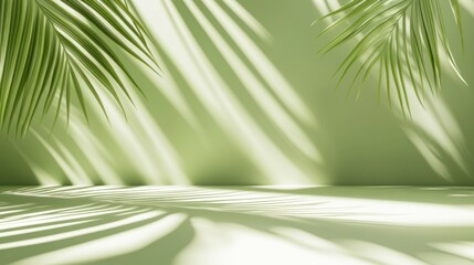 Aufkleber - Green background with palm leaves and sunlight shadows, creating a tropical summer mood.