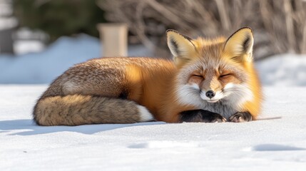 Aufkleber - Red fox resting peacefully in snowy landscape.