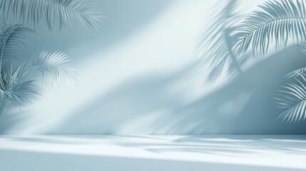 Aufkleber - Minimalist studio shot of palm leaves casting shadows on a light blue background.
