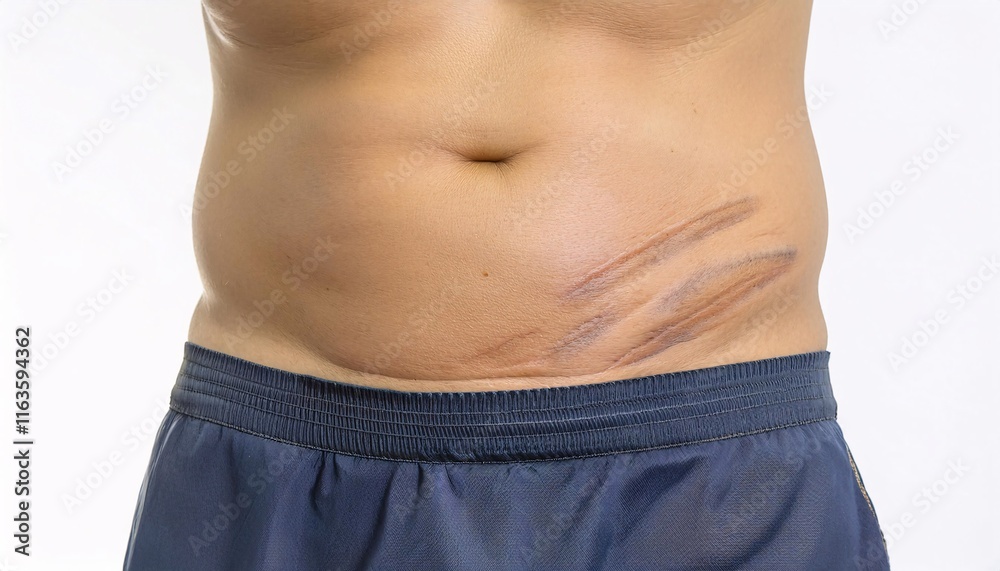 close-up of a c-section surgical scar on the lower abdomen, showing ...