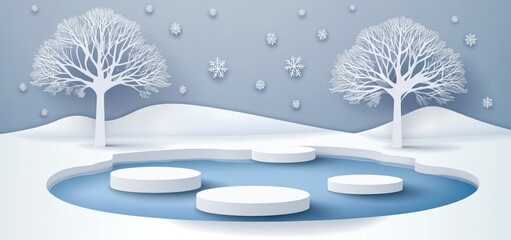 Poster - Winter scene with icy pond, snowy hills, bare trees, and three podiums.