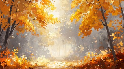 Poster - Sunlit path through autumn forest with golden leaves and fog.