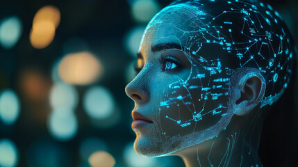 Poster - Digital transformation of a face with glowing circuitry in a futuristic environment