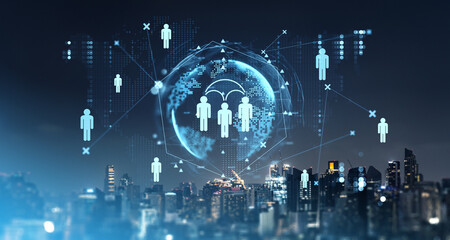 Aufkleber - Digital people icons connected on a global network with futuristic cityscape background.