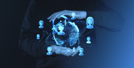 Aufkleber - Hands holding a glowing digital globe with human icons and network lines representing global collaboration and technology connections.