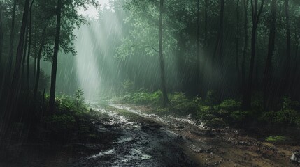 Aufkleber - Rain falling on a muddy forest path.