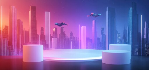 Poster - Futuristic cityscape with illuminated platform and flying vehicles.