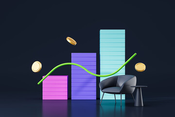 Poster - Abstract financial growth concept with colorful bar graph, gold coins, and modern chair on dark background. 3D Rendering