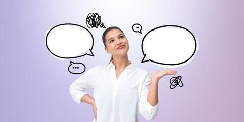 Poster - Woman with empty speech bubbles around her, thinking and gesturi