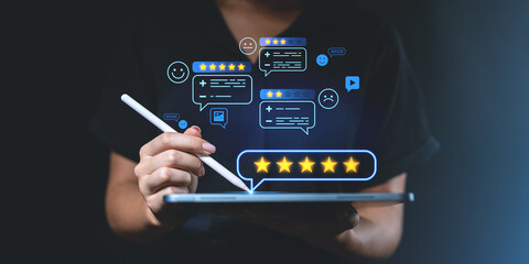 Poster - Customer reviews and star ratings shown digitally on a tablet sc