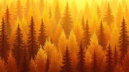 Poster - Golden autumn forest landscape, sunlit trees, hazy atmosphere.