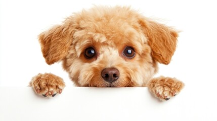 Poster - Adorable toy poodle puppy peeking over white background.