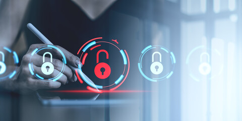 Poster - cybersecurity concept with a focus on a glowing red unlocked padlock icon in a digital interface, sy