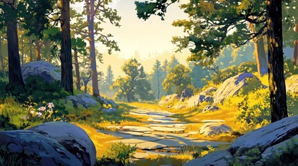 Aufkleber - Sunlit path through a tranquil forest with rocks and trees.