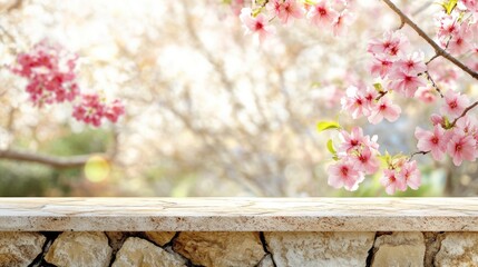 Poster - Empty stone surface with blooming cherry blossoms background.