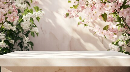 Aufkleber - Empty marble table with blooming cherry blossoms and sunlight.