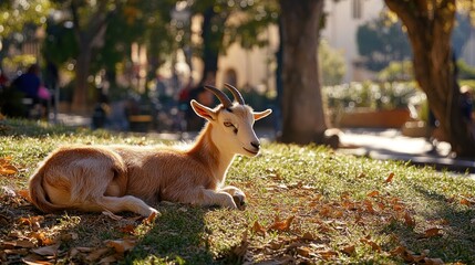 Poster - Young goat resting on grassy ground in park, autumn leaves, blurred people background.