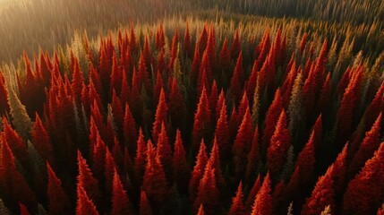 Aufkleber - Aerial view of a dense forest with red and green conifers at sunset.