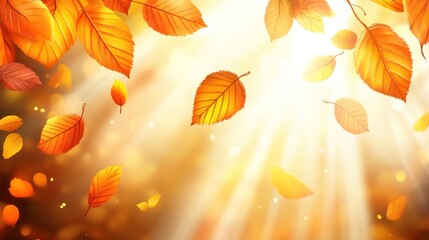 Poster - Vibrant autumn leaves falling in sunlight.