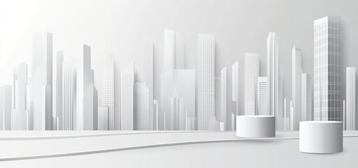 Poster - Minimalist white cityscape with two cylindrical platforms.