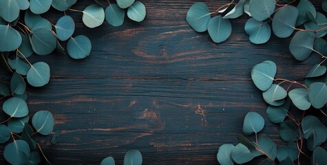 Aufkleber - Dark wood background decorated with eucalyptus leaves, creating a frame.