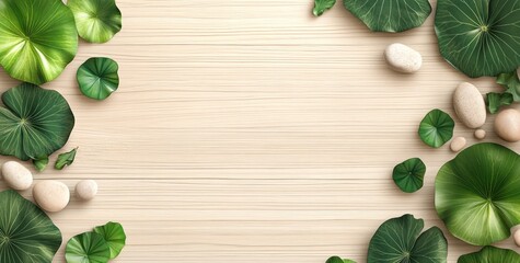 Poster - Wooden background decorated with green leaves and stones, leaving ample space for text or design.
