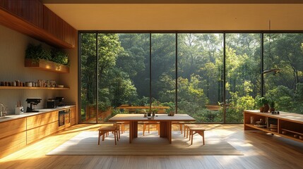 Wall Mural - Modern wooden kitchen, forest view, sunlit.